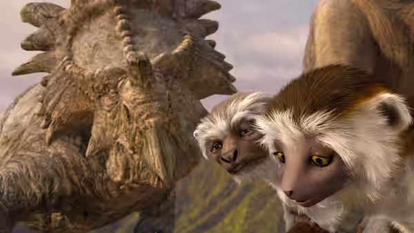 Two lemurs peer toward a plated dinosaur behind them