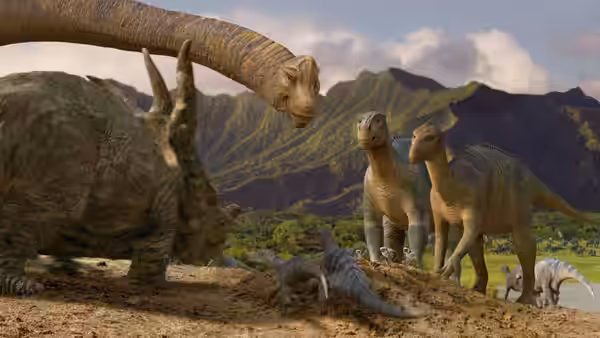 A long-necked dinosaur leans over a herd gathered around smaller dinosaurs in a valley