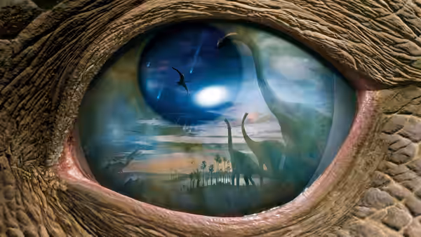 A dinosaur's eye reflects a herd gathered beneath towering long-necked dinosaurs