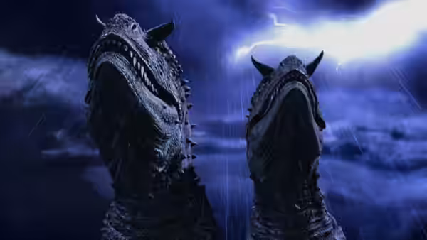 Two horned dinosaurs raise their heads beneath lightning in a rainstorm