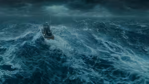 A fishing boat battles enormous waves in a dark, stormy sea
