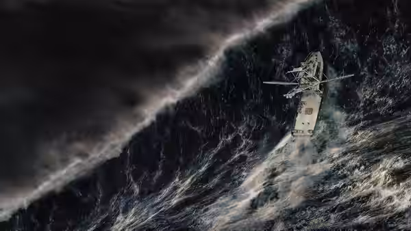 A fishing boat climbs a towering wave beneath dark storm clouds