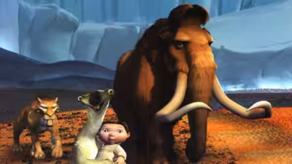 Diego, Sid, and Manny stand with the human baby on a frozen plain