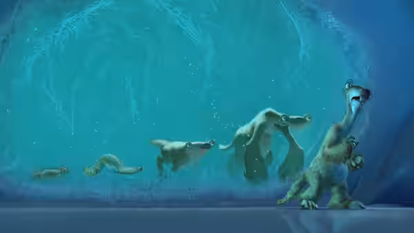 Sid watches an icy wall as reflections of his companions appear within it