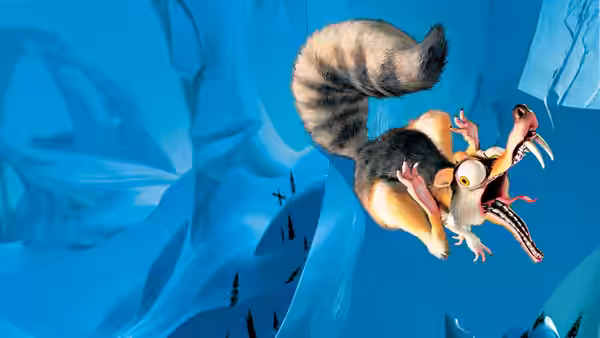 Scrat tumbles through a blue ice cavern, clutching an acorn