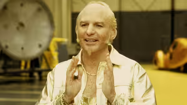 Goldmember (Mike Myers) gestures in a shiny gold shirt inside an industrial workshop