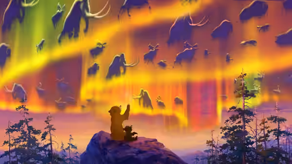 A bear watches glowing animal spirits sweep across the northern sky