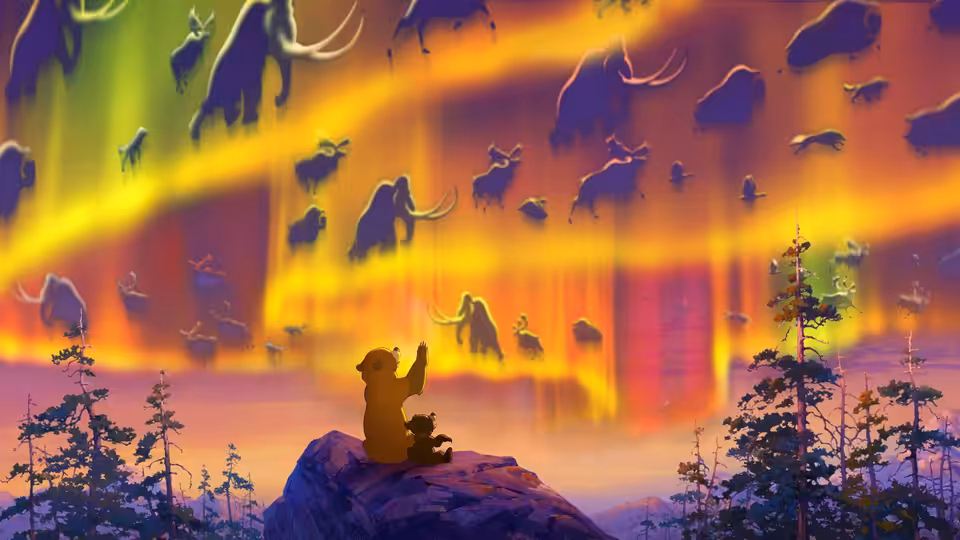A bear watches glowing animal spirits sweep across the northern sky
