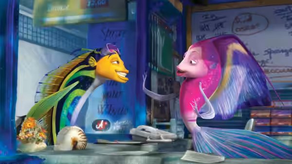 Oscar and Lola chat beside a counter in a brightly lit aquarium city