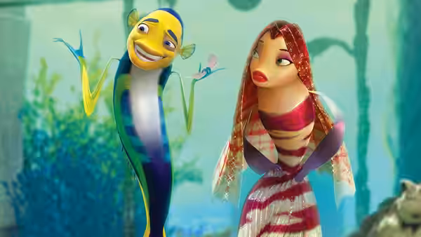 Oscar gestures beside Lola as they stand underwater