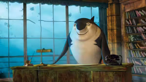 A large shark stands behind a desk in a wood-paneled office