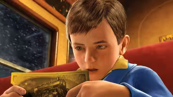 Hero Boy studies a picture of a locomotive inside the train