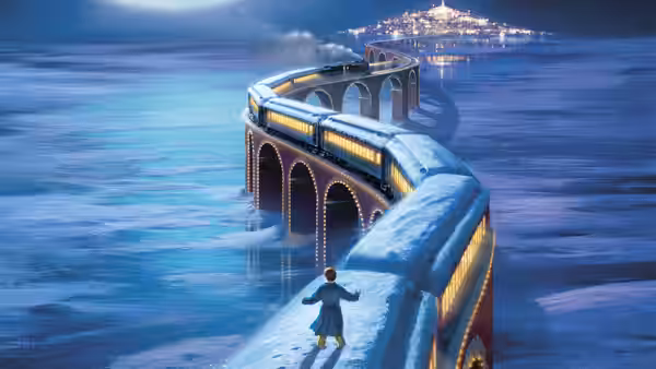 A boy runs along the snowy roof of a train crossing a bridge