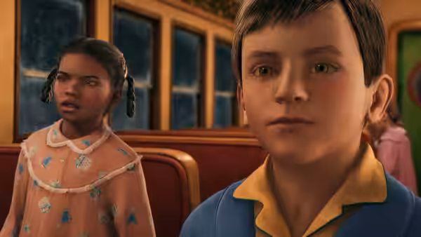 Hero Boy and Hero Girl sit together in a train carriage