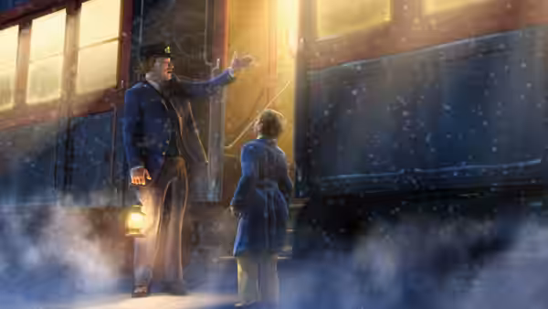 The Conductor (Tom Hanks) gestures toward the train as Hero Boy waits in the snow