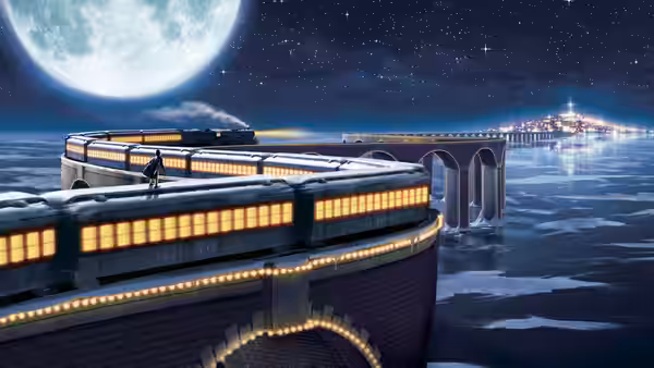A passenger train curves across a bridge beneath the moon