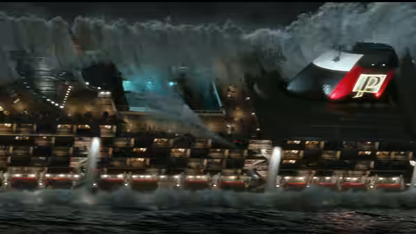 A towering wave engulfs the capsizing cruise ship