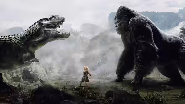 Ann Darrow stands between Kong and a roaring dinosaur in a misty jungle clearing