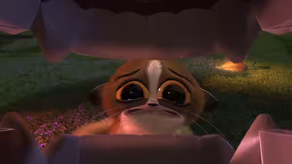 Mort gazes upward through a narrow opening beneath a dark lid