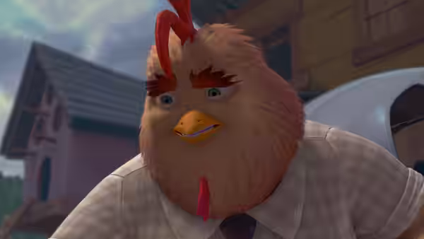 Buck Cluck (Garry Marshall) leans forward outside a building