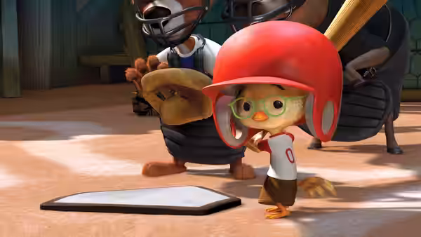 Chicken Little (Zach Braff) stands beside home plate in a red baseball helmet