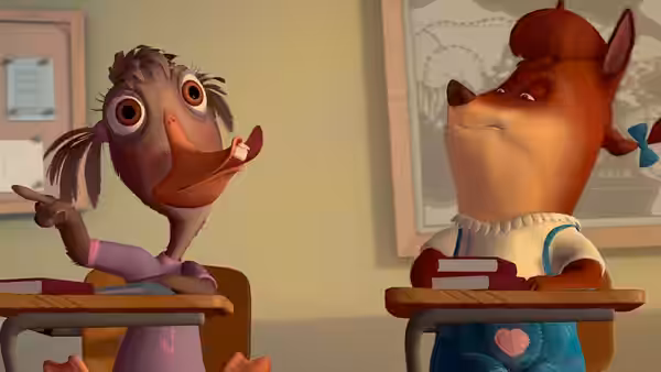 Abby Mallard gestures at her desk while Foxy Loxy watches from hers