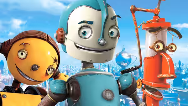 Rodney Copperbottom (Ewan McGregor) stands with two robots overlooking the city