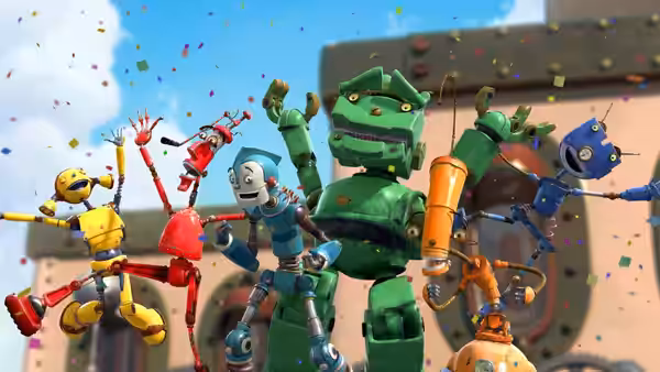 Rodney Copperbottom (Ewan McGregor) and other robots dance beneath falling confetti