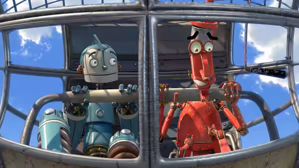 Rodney Copperbottom (Ewan McGregor) and Fender (Robin Williams) look through a vehicle window