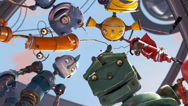 Robots peer down from a glass ceiling at the camera