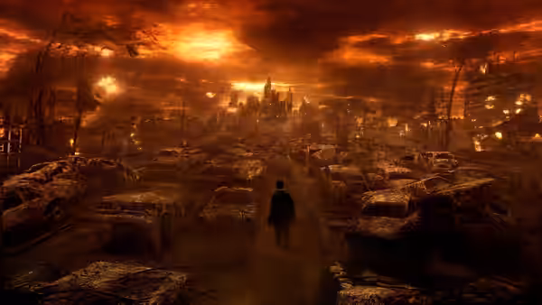 John Constantine walks through a ruined landscape toward a distant city
