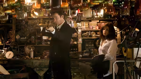 John Constantine (Keanu Reeves) examines a weapon beside Angela Dodson in an occult shop