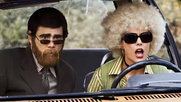 Dick Harper (Jim Carrey) and Jane Harper (Téa Leoni) sit disguised in a car