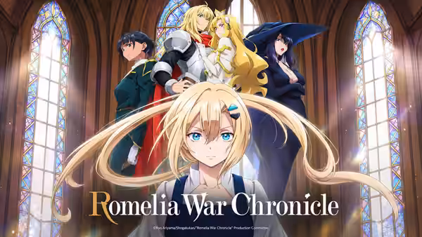 A blonde young woman stands before four companions inside a cathedral with stained-glass windows