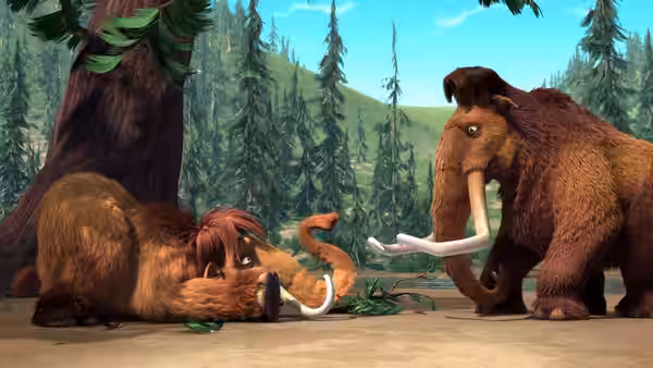 Ellie rests beneath a tree while Manny watches her in a forest clearing