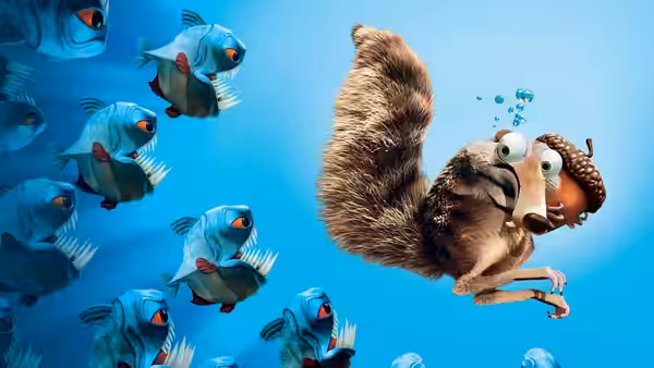 Scrat (Chris Wedge) floats underwater clutching an acorn as fish circle him