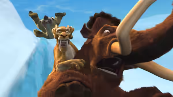 Manny (Ray Romano) cries out as Crash and Eddie cling to his back beside an ice wall