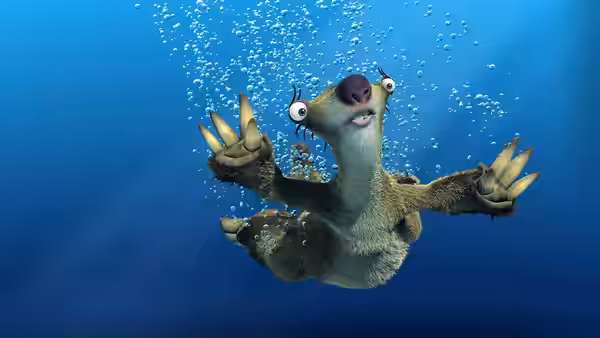 Sid (John Leguizamo) paddles underwater with bubbles rising around him