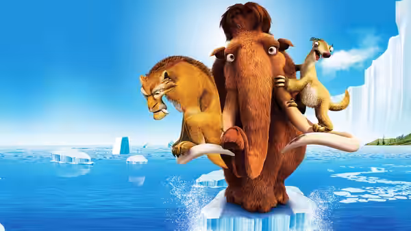 Manny (Ray Romano), Diego (Denis Leary) and Sid (John Leguizamo) balance on a small ice floe