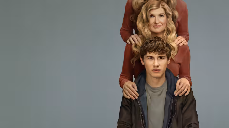 Sonny (Sam Nivola) sits before Ellen (Connie Britton), with a red-clad figure behind them