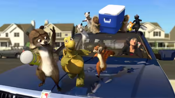 RJ (Bruce Willis), Verne (Garry Shandling) and their animal friends ride across a car hood