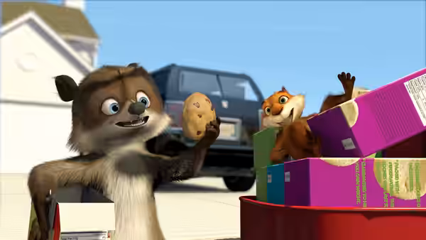 RJ (Bruce Willis) holds a cookie while Hammy (Steve Carell) pops from a box outdoors