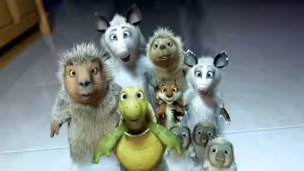 A turtle, a squirrel, two opossums and hedgehogs look upward together