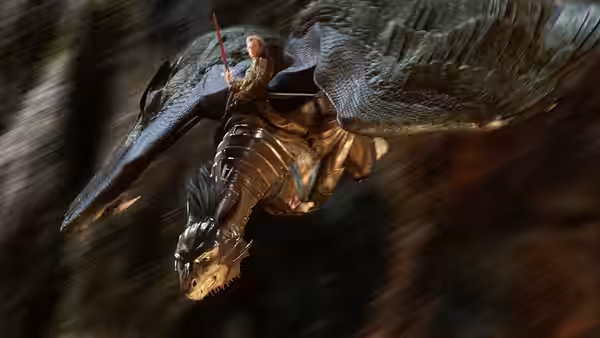 Eragon (Ed Speleers) rides Saphira through the air, gripping his sword