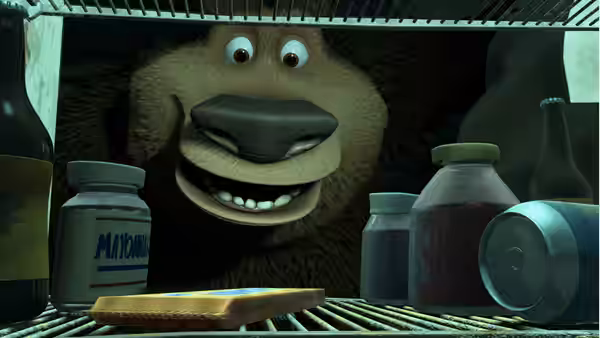 Boog peers into a refrigerator between jars and bottles