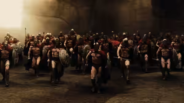 Leonidas (Gerard Butler) leads Spartan soldiers through a rocky pass