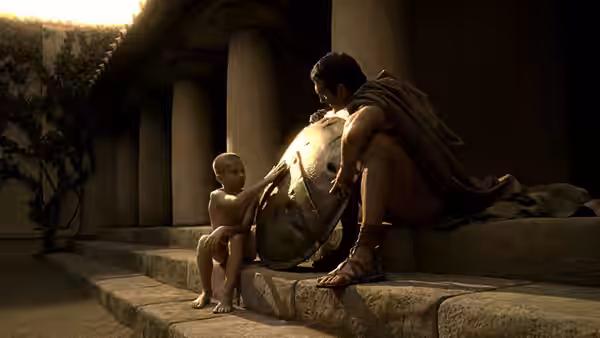 Leonidas (Gerard Butler) helps a young boy practice with a shield outside a palace