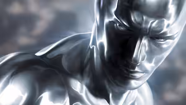 The Silver Surfer (Doug Jones) looks downward in close-up