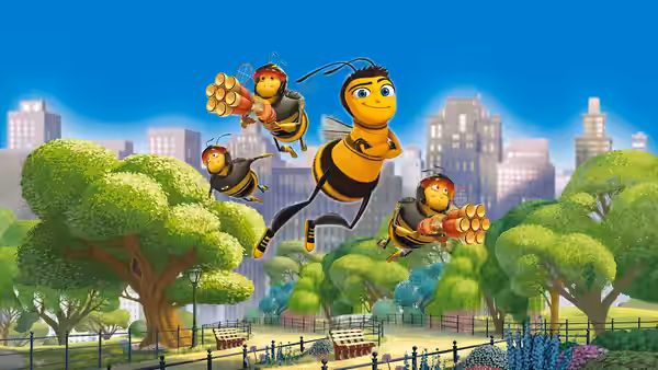 Barry flies through a city park with three bees carrying honeycomb