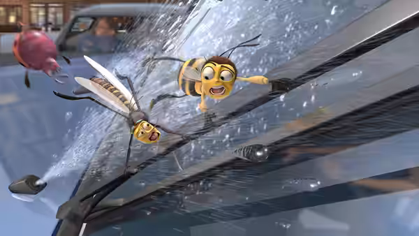 Barry and another bee fly across a car windshield as water sprays over them